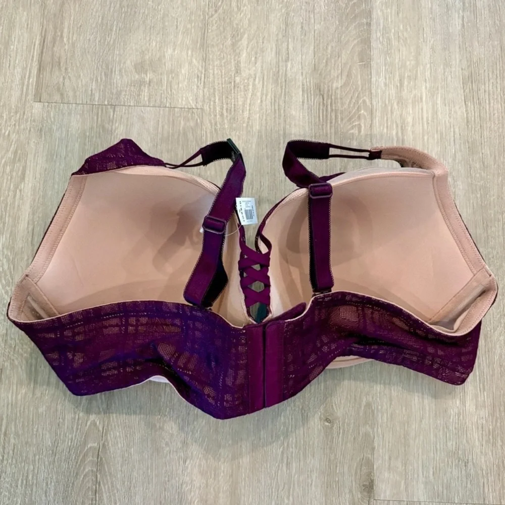 NWT Torrid XO Plunge Push Up Plaid Lace Straight Black Bra in Darkest Plum